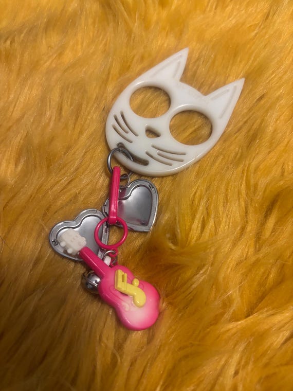 White cat self defense tool keychain with guitar charm, hand customized