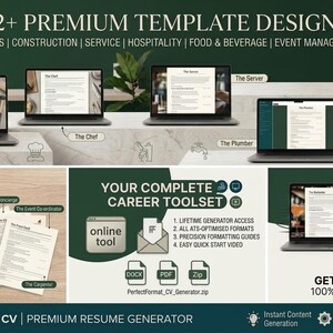 Plantilla de CV para oficios (compatible con ATS) / Currículum para el sector de la hostelería / Varios diseños / Word y PDF / Descarga instantánea