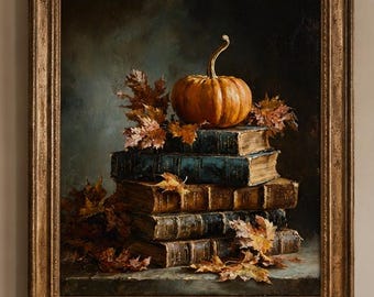 Peut inclure: Une peinture à l'huile encadrée représentant une pile de quatre livres anciens sombres et usés, surmontée d'une citrouille orange et entourée de feuilles d'automne éparpillées, le tout sur un fond sombre et nuancé avec un éclairage doux.