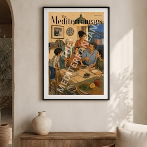 May include: A framed art print titled The Mediterraneans, October 2020, depicting a family gathering around a dining table. The scene shows individuals of various ages sharing a meal with bowls of olives, a lemon, and a knife on a wooden board.