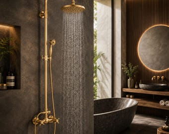 Luxury Antique Brass Rain Shower System, Vintage Gold Bathroom Faucet Set, Wall Mounted Rainfall Shower with Handheld