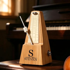May include: A light brown wooden metronome with a vertical scale and a silver pendulum arm. The front features a black letter S above the name STEVEN. A silver adjustment knob is visible on the side of the pyramid-shaped wooden housing.
