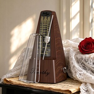 May include: A dark brown wood-grain metronome with a clear plastic cover, a silver metal pendulum, and a black faceplate featuring tempo markings and the name Timothy in script. The device sits on aged sheet music next to a red rose.