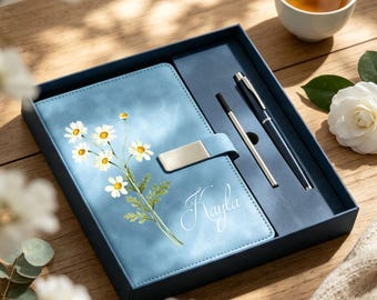Personalized Birth Flower Notebook & Pen Set, Custom Name Leather Journal Gift, Birth Month Flower Journal for Best Friend, Gift For Teacher