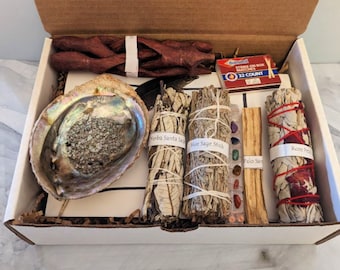 10 piece Smudge Kit, Abalone Shell, Meditation and Cleansing, White Sage, 7 Chakra Selenite Stick, Palo Santo, Blue Sage Stick, Smudge set