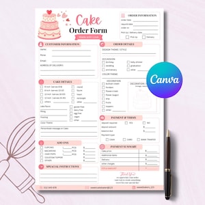 Op de afbeelding: Een wit taartbestelformulier met roze accenten, voorzien van een illustratie van een drielaagse taart bovenaan. Het document bevat secties voor klantinformatie, bestelgegevens, taartspecificaties, betalingsvoorwaarden en een overzicht met een bedankje.