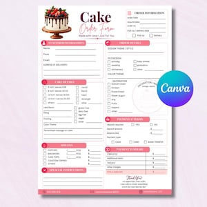 May include: A white cake order form template featuring a graphic of a chocolate-drip cake with berries on top. The document includes sections for customer information, order details, cake specifications, payment terms, and a payment summary table.