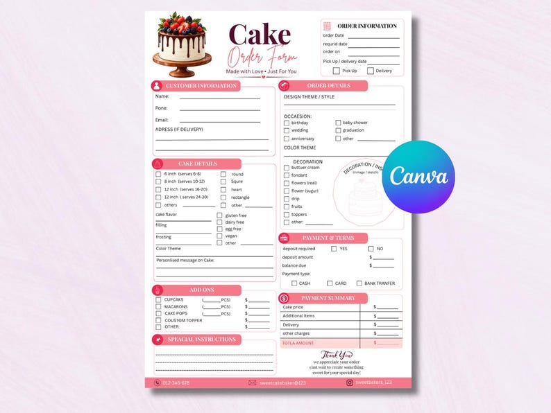 Cake Order Form Template | Bakery Order Template for Custom Cakes ...