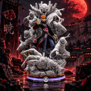 Puede incluir: Una figura de anime detallada que muestra a un personaje central de pelo naranja con una capa negra con patrones de nubes rojas, rodeado de varias figuras esculpidas en gris en poses dinámicas sobre una base circular con un emblema plateado.