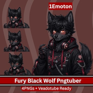 May include: Digital artwork featuring a black wolf character with red eyes, dressed in a black hoodie with red details and headphones. The image includes the text "1Emoton" and "Fury Black Wolf Pngtuber". Additional images show different expressions.