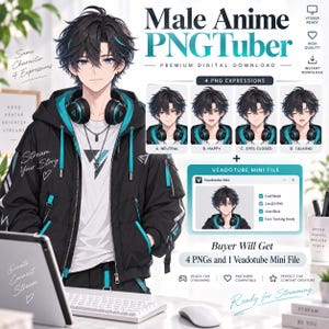 May include: A digital character asset pack featuring a male anime PNGTuber with black hair and teal highlights, wearing a black and teal jacket with headphones. Includes four distinct facial expressions and a Veadotube Mini file for streaming.