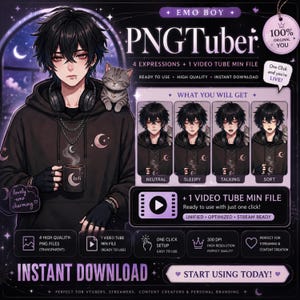 以下が含まれることがあります： 黒髪のキャラクターが黒いパーカーを着てマグカップを持っているアニメスタイルのデジタルアート。画像には「PNGTuber」と「インスタントダウンロード」というテキストが含まれています。灰色の猫がキャラクターの肩に乗っています。コンテンツクリエイター向けに設計されています。