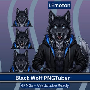 May include: A digital illustration of a black wolf character wearing a black hoodie with blue lining, headphones, and silver necklaces. The image includes the text 1Emoton, Black Wolf PNGTuber, and 4PNGs + Veadotube Ready, showing four facial expressions.