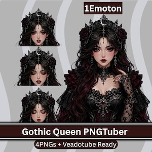 Peut inclure: Une illustration numérique d'un personnage intitulé 1Emoton et Gothic Queen PNGTuber, représentant une personne aux longs cheveux sombres, une couronne en dentelle noire avec un croissant de lune argenté, des roses sombres et une robe corset.