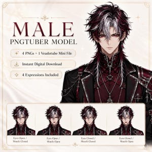 May include: A digital PNGtuber model featuring a character with dark red and white hair, wearing a dark red and black high-collared jacket with silver accents. The text reads MALE PNGTUBER MODEL, 4 PNGs + 1 Veadotube Mini File, Instant Digital Download, 4 Expressions Included, and shows four facial expressions.