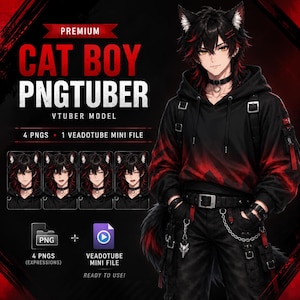 Op de afbeelding: Een digitale karakterillustratie van een kattenjongen PNGtuber-model met zwart haar met rode highlights, kattenoren en gele ogen. Het personage draagt een zwarte hoodie met rode accenten, een choker en een zwarte broek met kettingen en gespen.