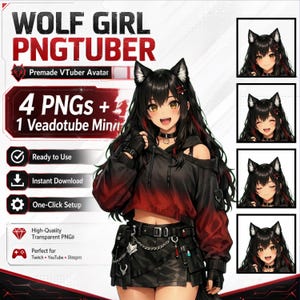 May include: A digital character illustration of a wolf girl PNGtuber featuring long black hair with red highlights, wolf ears, and a black and red cropped hoodie. The character wears a black skirt with chains and is shown in four facial expressions.