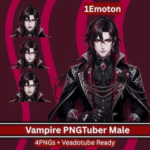 Könnte beinhalten: Digitales Kunstwerk eines männlichen Vampircharakters mit langen schwarzen Haaren und roten Highlights, in einem schwarzen und roten Gothic-Outfit. Das Bild enthält drei kleinere Porträts des Charakters mit verschiedenen Gesichtsausdrücken und den Text "1Emoton" und "Vampire PNGTuber Male".