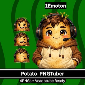 May include: A digital illustration of a potato character wearing a brown and cream hoodie and black gaming headphones with a microphone. The character has brown hair with small green sprouts on top. The text 1Emoton and Potato PNGTuber are visible.