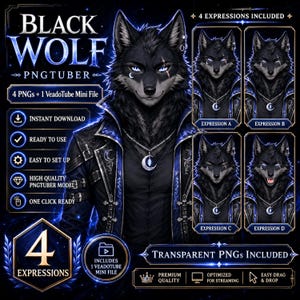 May include: A digital character asset featuring a black wolf PNGtuber model with blue eyes, wearing a dark jacket with blue accents and a crescent moon necklace. The set includes four distinct facial expressions and a VeadoTube Mini file.