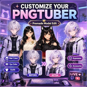 May include: A digital graphic titled CUSTOMIZE YOUR PNGTUBER Premade Model Edit featuring four anime-style characters with varied hair and clothing. Two central panels show a before and after comparison of a character, with icons for hair, eyes, and outfits.