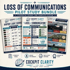 May include: A pilot study bundle titled Loss of Communications featuring three guides: Airport Light Signals, Loss of Communication IFR Quick Reference Guide, and Lost Communications Scenario Workbook, all with blue and white text and graphics.