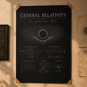 May include: A black poster titled General Relativity featuring white scientific diagrams and equations, including a gravitational lens and light cone, mounted on a wall above a desk with a lamp, books, a mug, and a microscope.