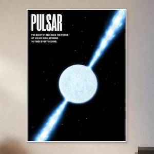 May include: A rectangular wall poster featuring a bright white pulsar star against a black space background. Two glowing blue beams of light extend from the center. The text reads: PULSAR, PSR B0531-21 RELEASES THE POWER OF 100.000 SUNS. SPINNING 30 TIMES EVERY SECOND.