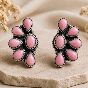May include: A pair of stud earrings featuring multiple pink, teardrop-shaped stones arranged in a fan-like cluster around a central oval stone. The stones are set in oxidized silver metal with a twisted rope texture bordering the central oval.