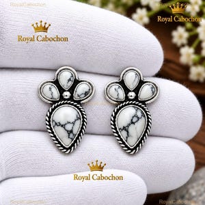Natural White Buffalo Turquoise Gemstone 925 Sterling Silver Crown Stud Earrings Statement Jewelry Gift For Her