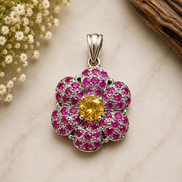 Ruby Golden Topaz Flower Pendant, Sterling Silver, Handmade Floral Design, Vintage Inspired Jewelry