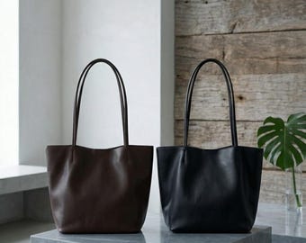 Genuine Leather  Tote Handbag, Bucket Shoulder Bag, Sheepskin Hobo Bag, Soft Leather Tote Bag, Minimalist Commuter Purse, Underarm Bag