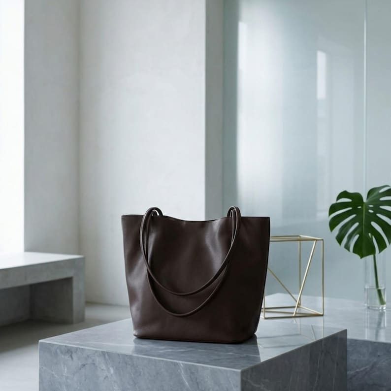 Puede incluir: Un bolso tote de cuero marr&oacute;n oscuro con dos correas finas para el hombro. El bolso tiene una base estructurada y una parte superior suave y ligeramente holgada. La superficie es lisa y mate, con l&iacute;neas limpias y un dise&ntilde;o abierto simple.