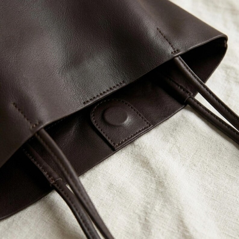 Puede incluir: Un bolso tote de color marr&oacute;n oscuro con un acabado liso y mate, y asas de hombro finas y redondeadas. La abertura interior est&aacute; asegurada con un broche magn&eacute;tico central, con costuras visibles a lo largo del borde superior y la solapa.