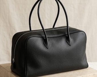 Bolso tote de piel suave de grano completo con asa superior, bolso de hombro minimalista negro, bolso de moda