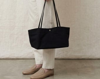Minimalist Cotton Canvas Tote Bag, Genuine Lambskin Leather Straps, Everyday Work Purse