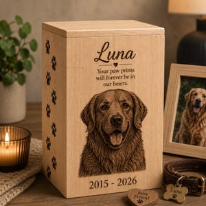 Individuelle Haustier-Urne mit Fotogravur | Personalisierte Hunde- und Katzenasche-Urne | Handgefertigte Naturdampf Buchenholz Haustier Erinnerungsbox