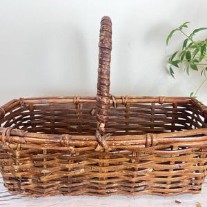 Vintage Woven Rectangular Wicker Gathering Decor Tall Arched Handle Basket Farm