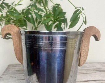 Vintage French Art Deco Metal & Wood Handled Small Ice Bucket 9 Ornate Decor