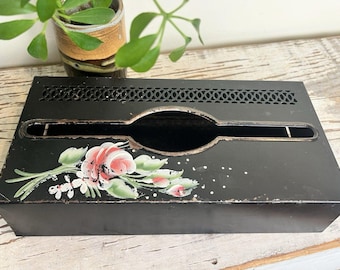 Beautiful MCM Vintage Black Toleware Hand Painted Rose Metal Tissue Box Holder