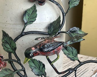 Vintage Anthropologie Bird In Flowers Iron Wall Hanging W/ Hooks  For Keys Home