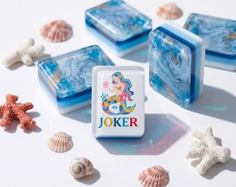 Mahjong Set Ocean Mermaid | Turquoise Blue Gold Foil Tiles | Pink Green Striped Back | Complete 160 Piece American Mah Jongg