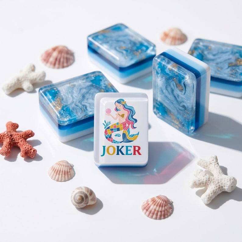 May include: A set of rectangular mahjong tiles featuring a white tile with a colorful mermaid illustration and the text JOKER, alongside several blue and white marbled resin tiles with gold flecks, surrounded by various small seashells and coral.