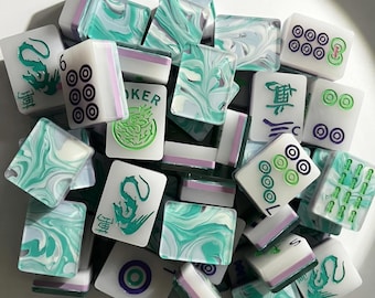Mahjong Set Marble Lucite | Jade Green Swirl Acrylic Tiles | Translucent Back | Complete 160 Piece American Mah Jongg
