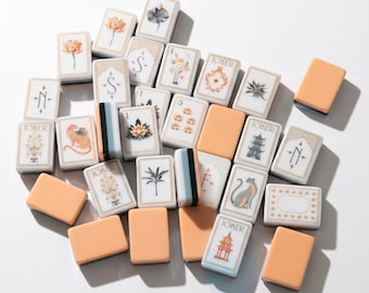 Mahjong Set American Style | 160 Tiles Peach and Sage | Lotus Lantern Botanical Design | Gift