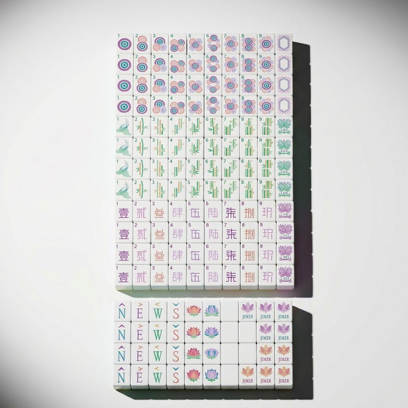 May include: A set of rectangular mahjong tiles arranged in a grid. The tiles feature various colorful designs including circular patterns, bamboo stalks, Chinese characters, the letters N, E, W, S, lotus flowers, and the word Joker in different colors.