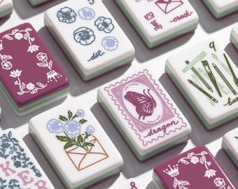 Mahjong Set Romantic Floral | Pink Butterfly Dragon Tiles | Dusty Rose Floral Back | Complete 160 Piece American Mah Jongg
