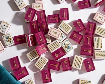 Mahjong Set American Style | 160 Acrylic Tiles Teal and Magenta | Gold Ginkgo Design | Velvet Bag