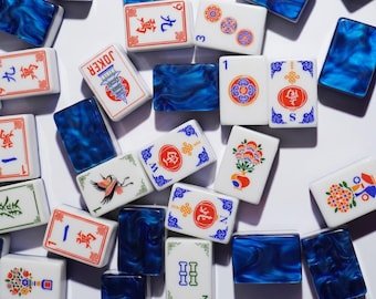 American Mahjong Set | Floral Pattern Tiles with Blue Marbled Pushers | Complete 160 Tile Game Set | Gift for Mahjong Players