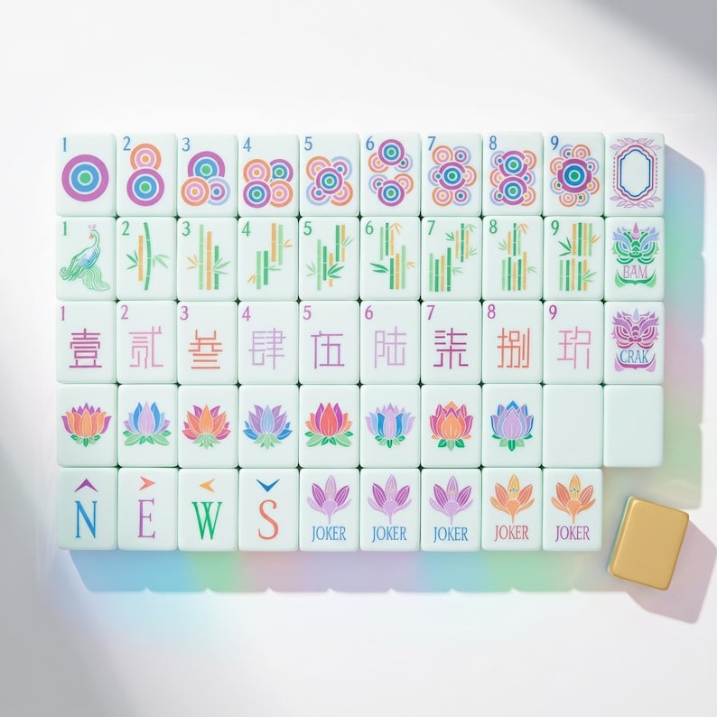 May include: A set of rectangular mahjong tiles with a light green base. The tiles feature colorful illustrations of concentric circles, bamboo stalks, Chinese characters, lotus flowers, the letters N, E, W, S, and the word JOKER. One blank gold tile.